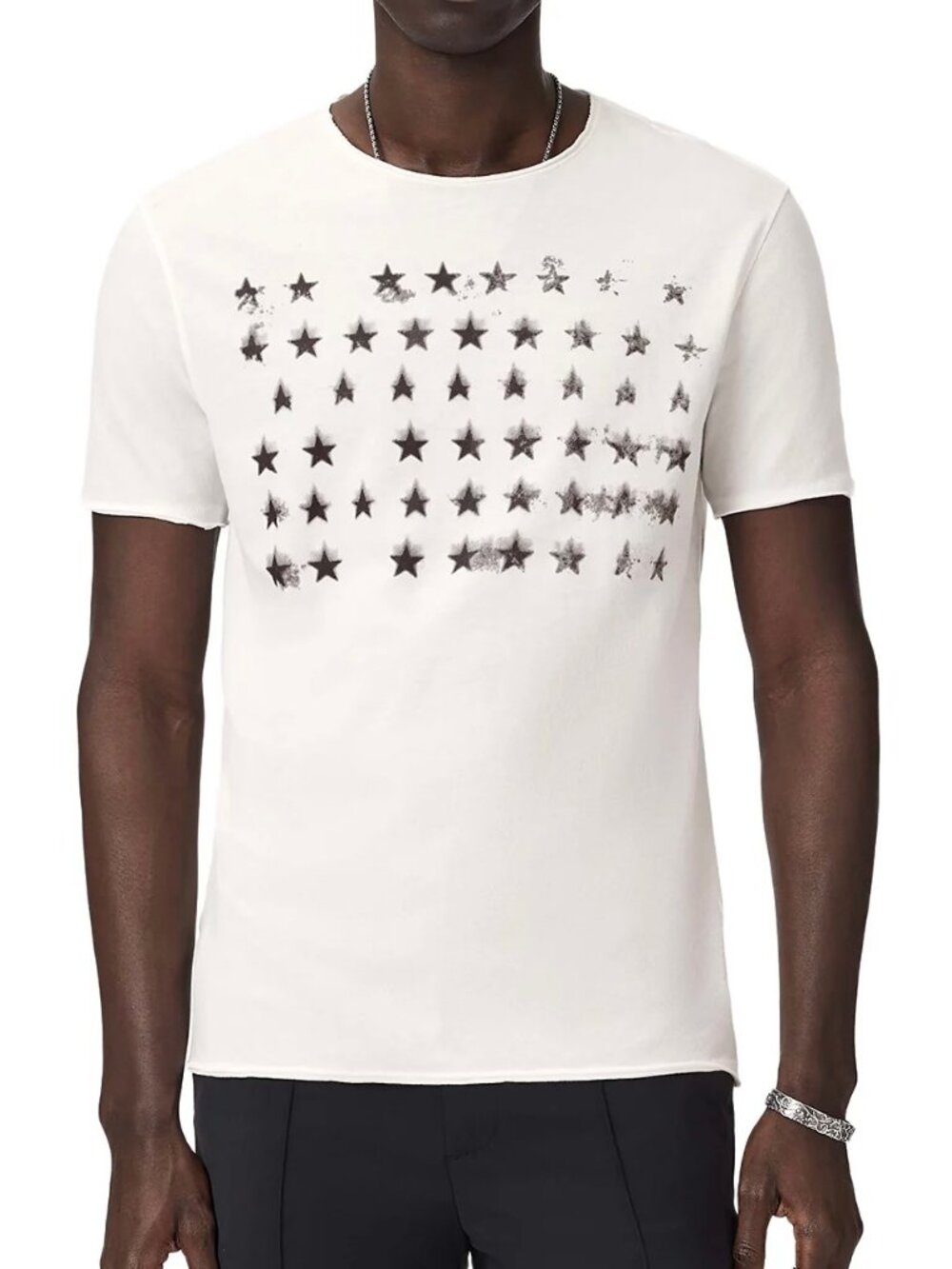 John Varvatos Men's Rows of Stars Distressed Graphic Crew T-Shirt Raw Edges Salt